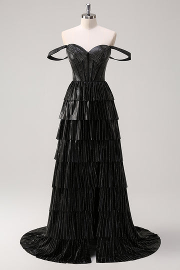 Black Beading Tiered Off the Shoulder Prom Dress with Slit